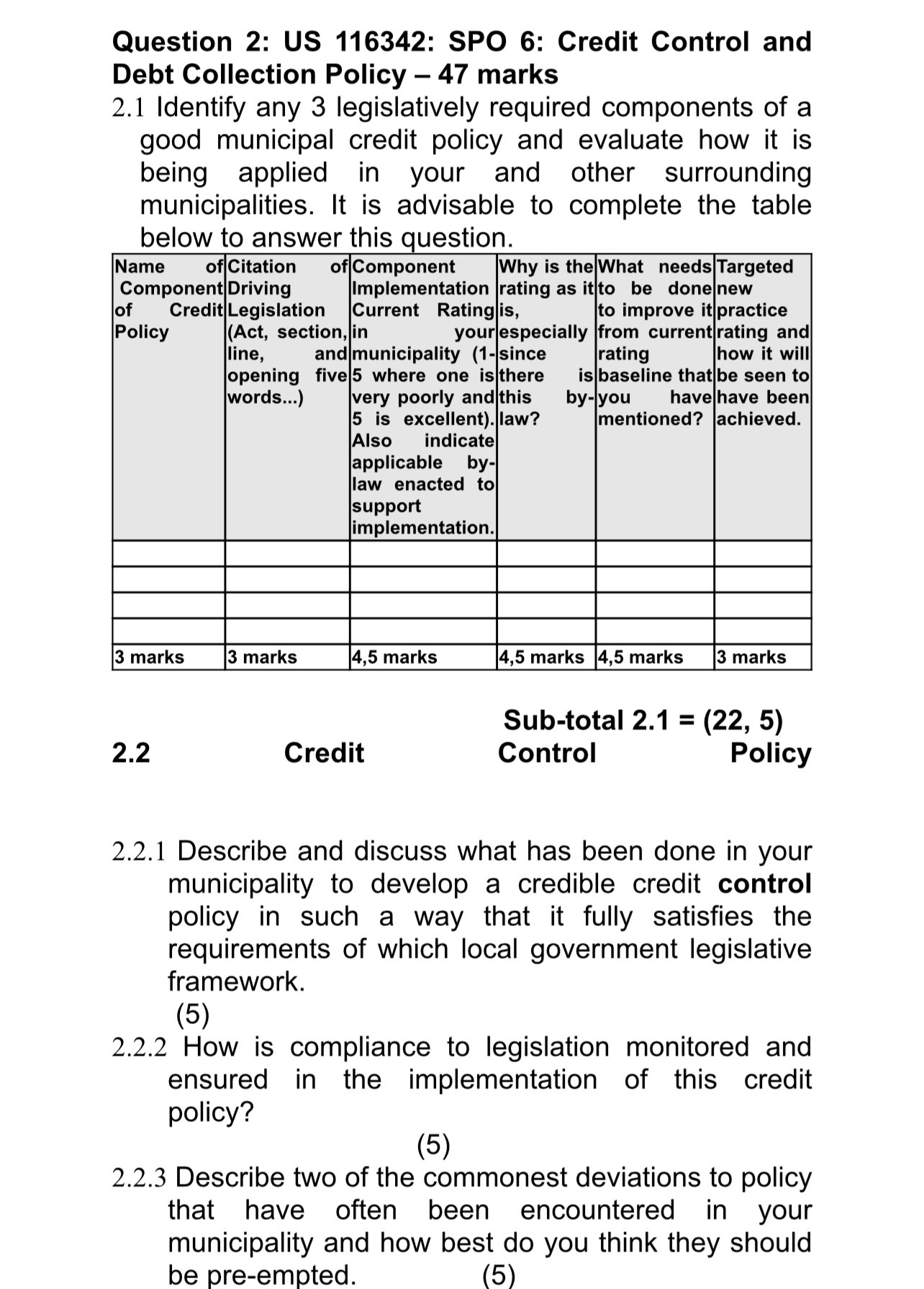  Question 2: US 116342: SPO 6: Credit Control and Debt Collection