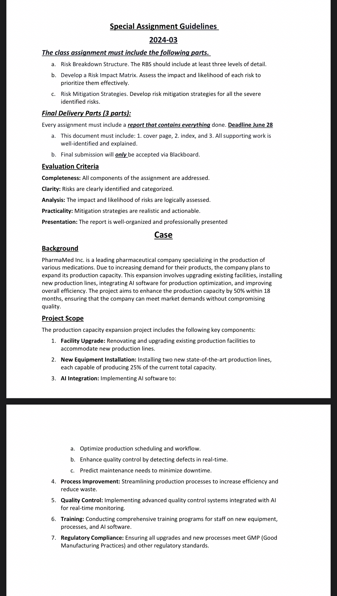  Special Assignment Guidelines 2024-03 The class assignment must include the following