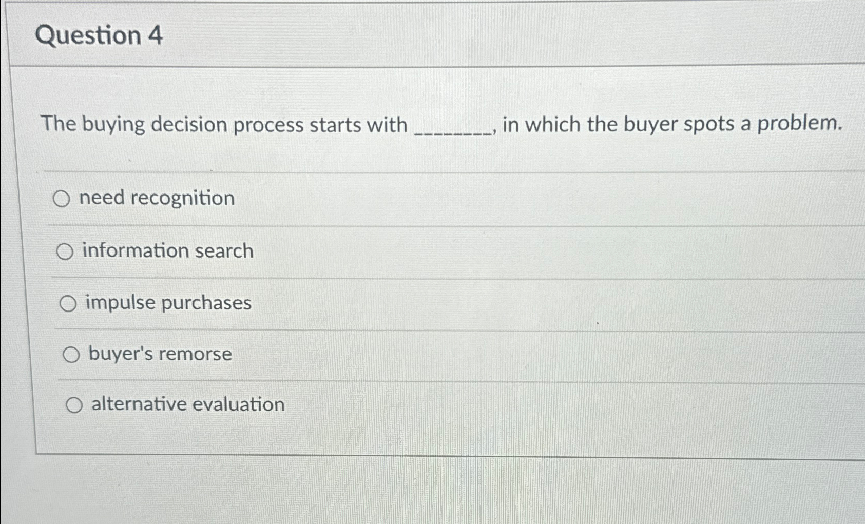  Question 4 The buying decision process starts with in which the