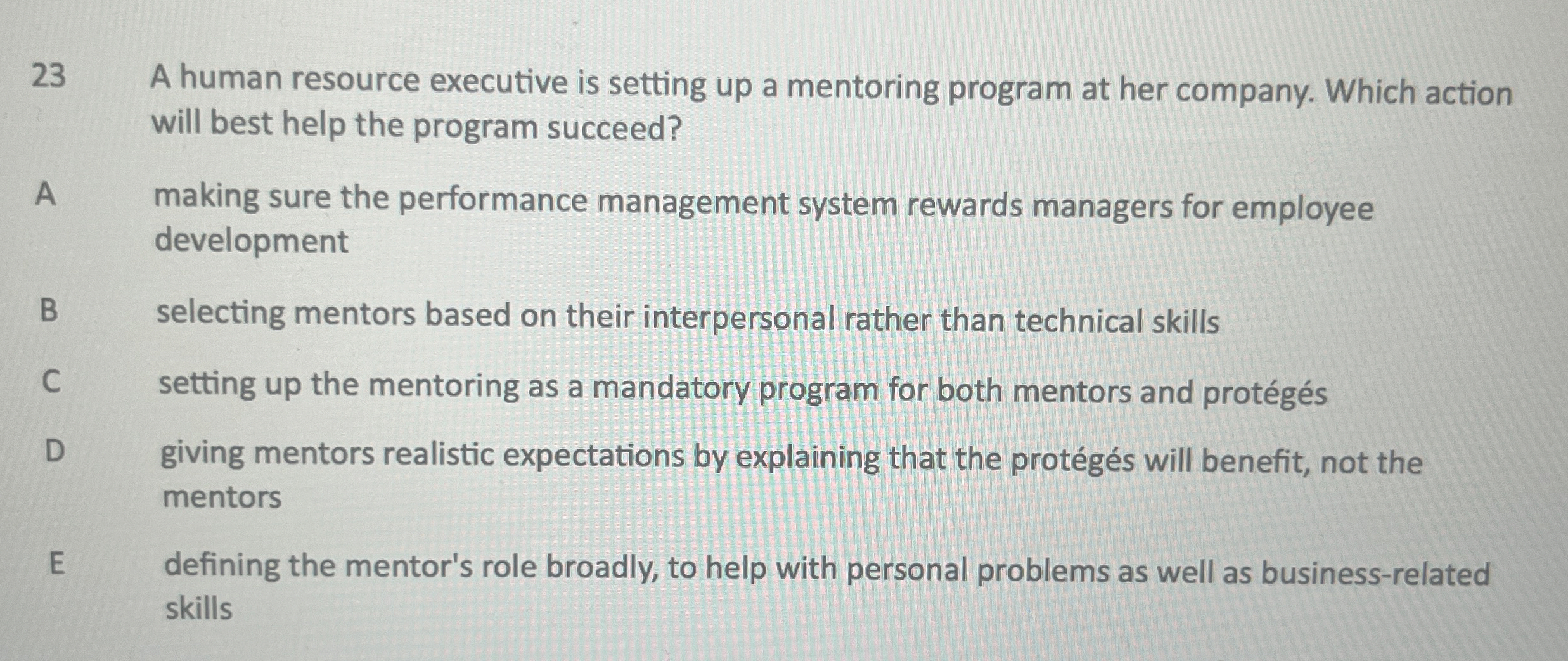  23 A human resource executive is setting up a mentoring program