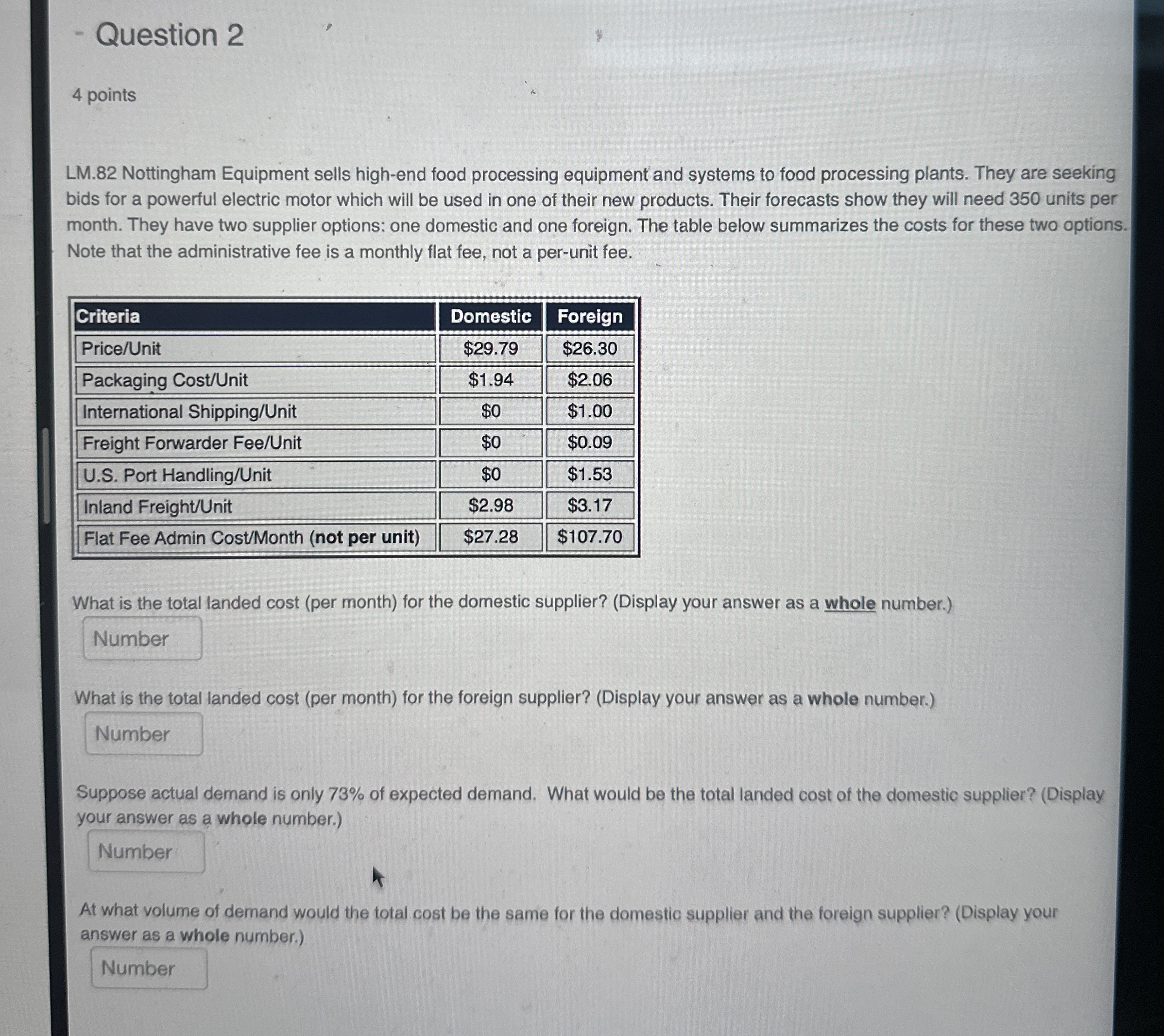  Question 2 4 points LM.82 Nottingham Equipment sells high-end food processing