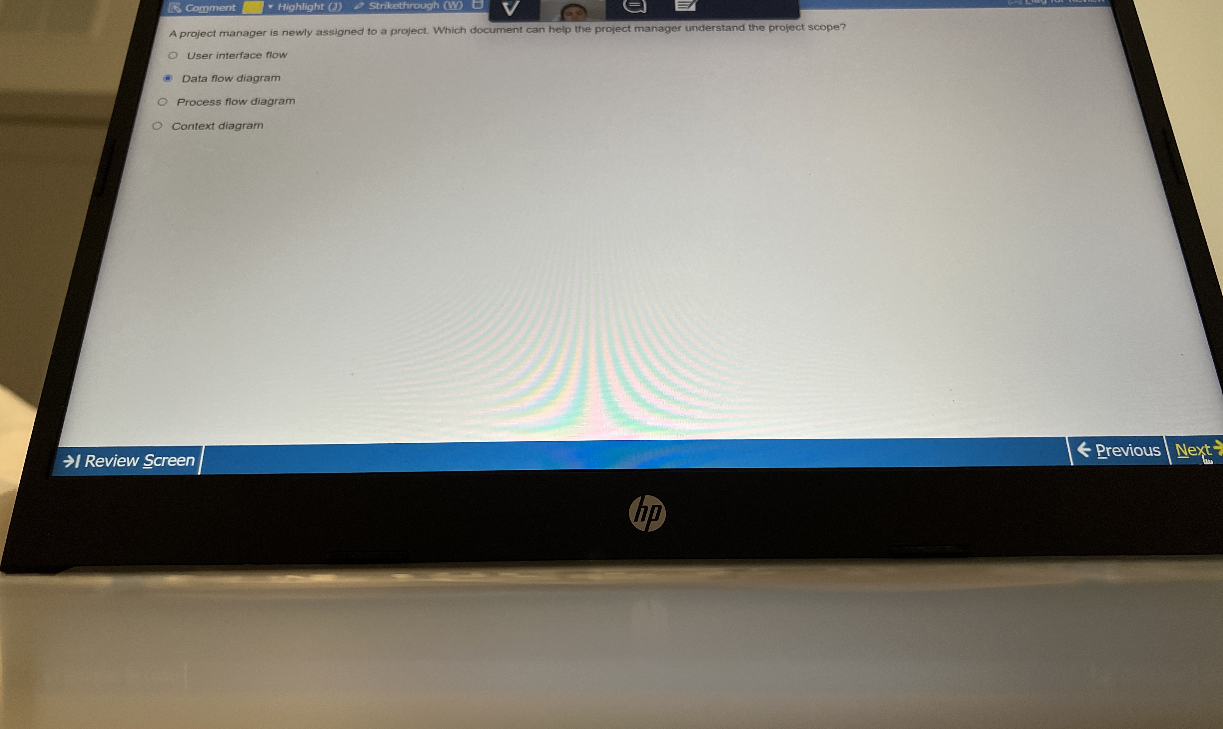  Comment r Highlight ( Strikethrough (W) A project manager is newly