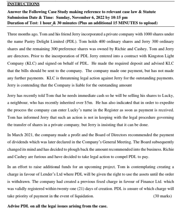  INSTRUCTIONS Answer the Following Case Study making reference to relevant case