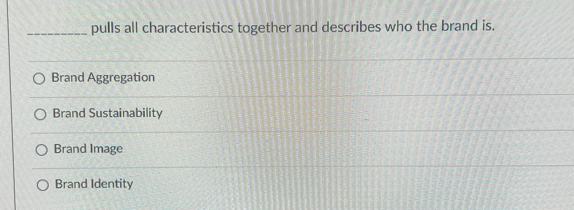  ?__pullsallcharacteristicstogetheranddescribeswhothebrandis. BrandAggregation BrandSustainability BrandImage BrandIdentity 