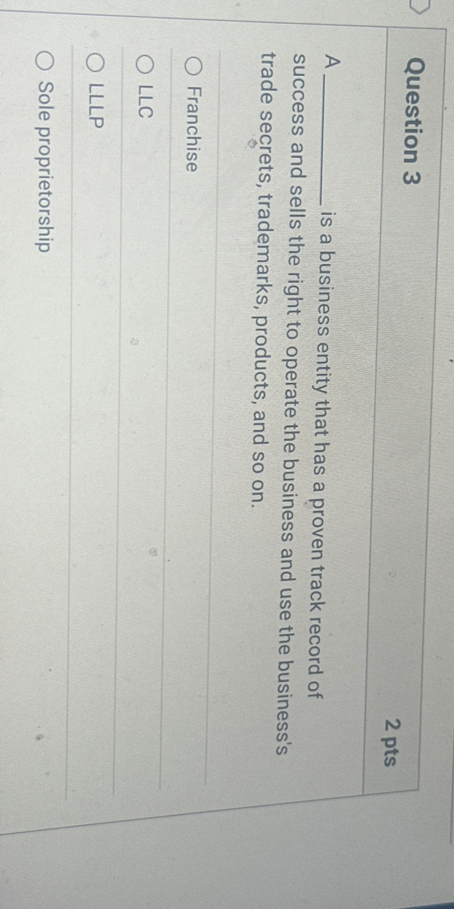  Question 3 2 pts A is a business entity that has