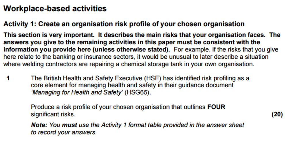  Workplace-based activities Activity 1: Create an organisation risk profile of your