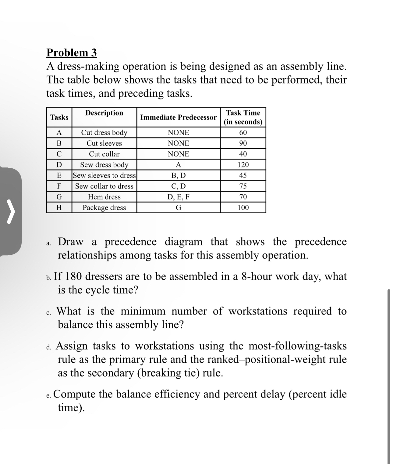  Problem 3 A dress-making operation is being designed as an assembly