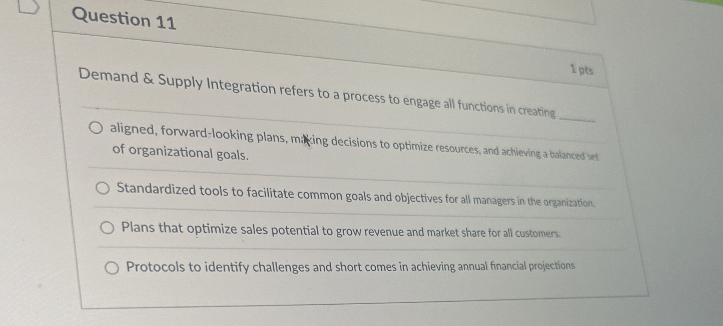  Question 11 1 pts Demand & Supply Integration refers to a