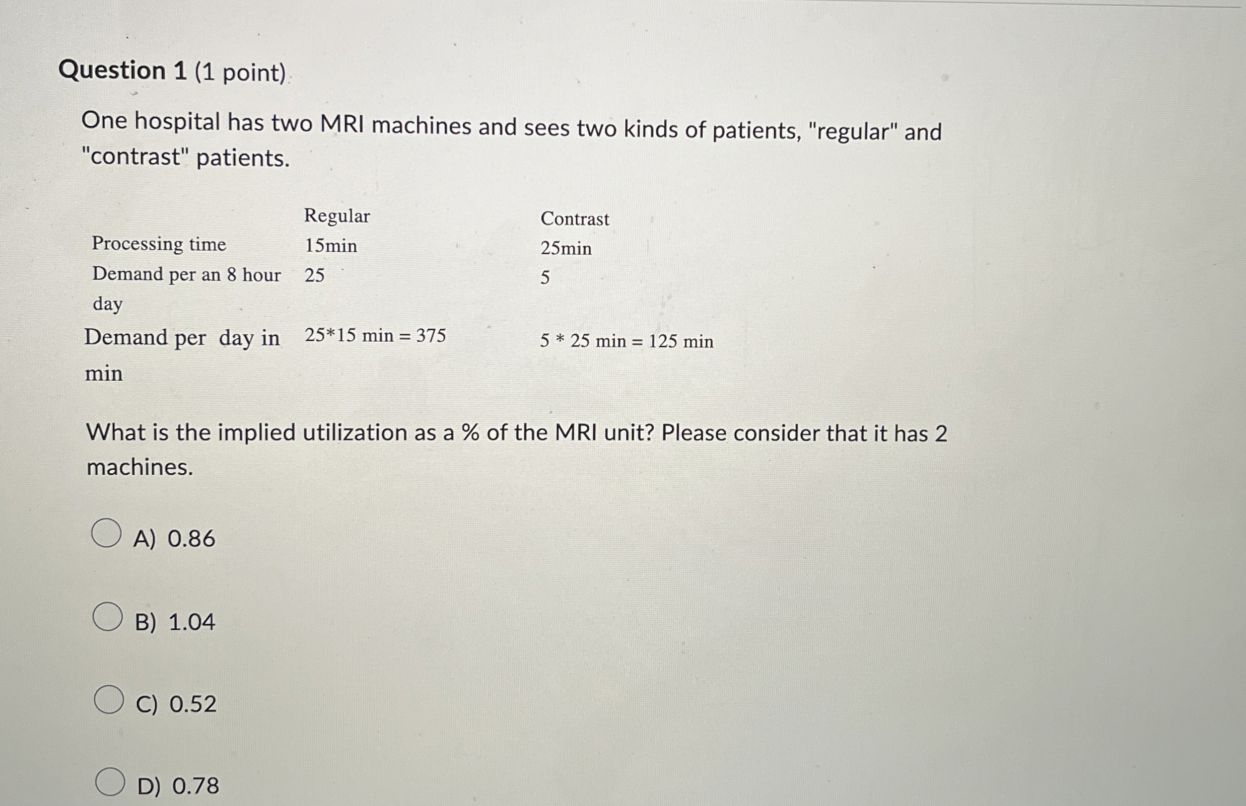  Question 1(1 point) One hospital has two MRI machines and sees