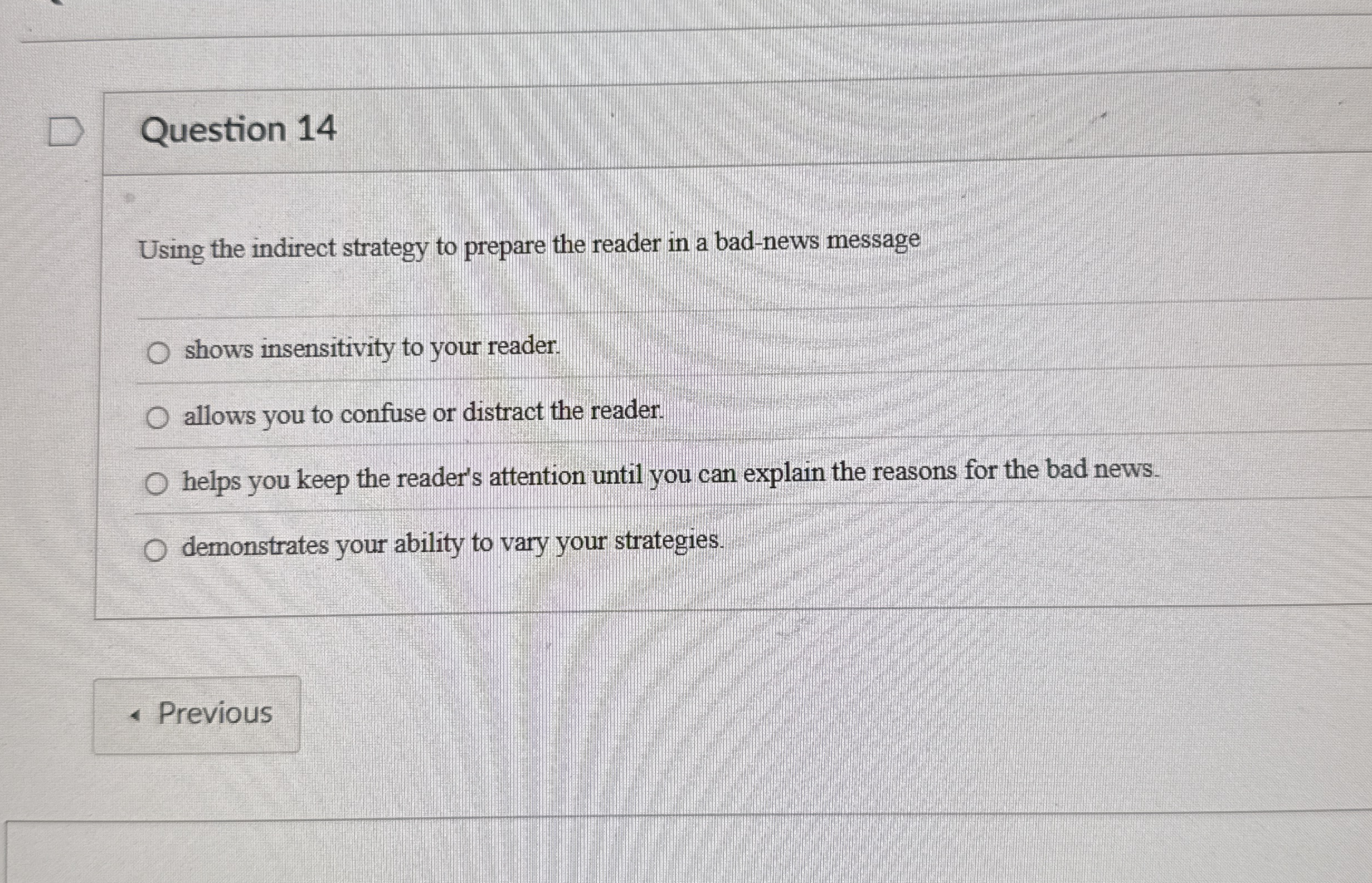  Question 14 Using the indirect strategy to prepare the reader in