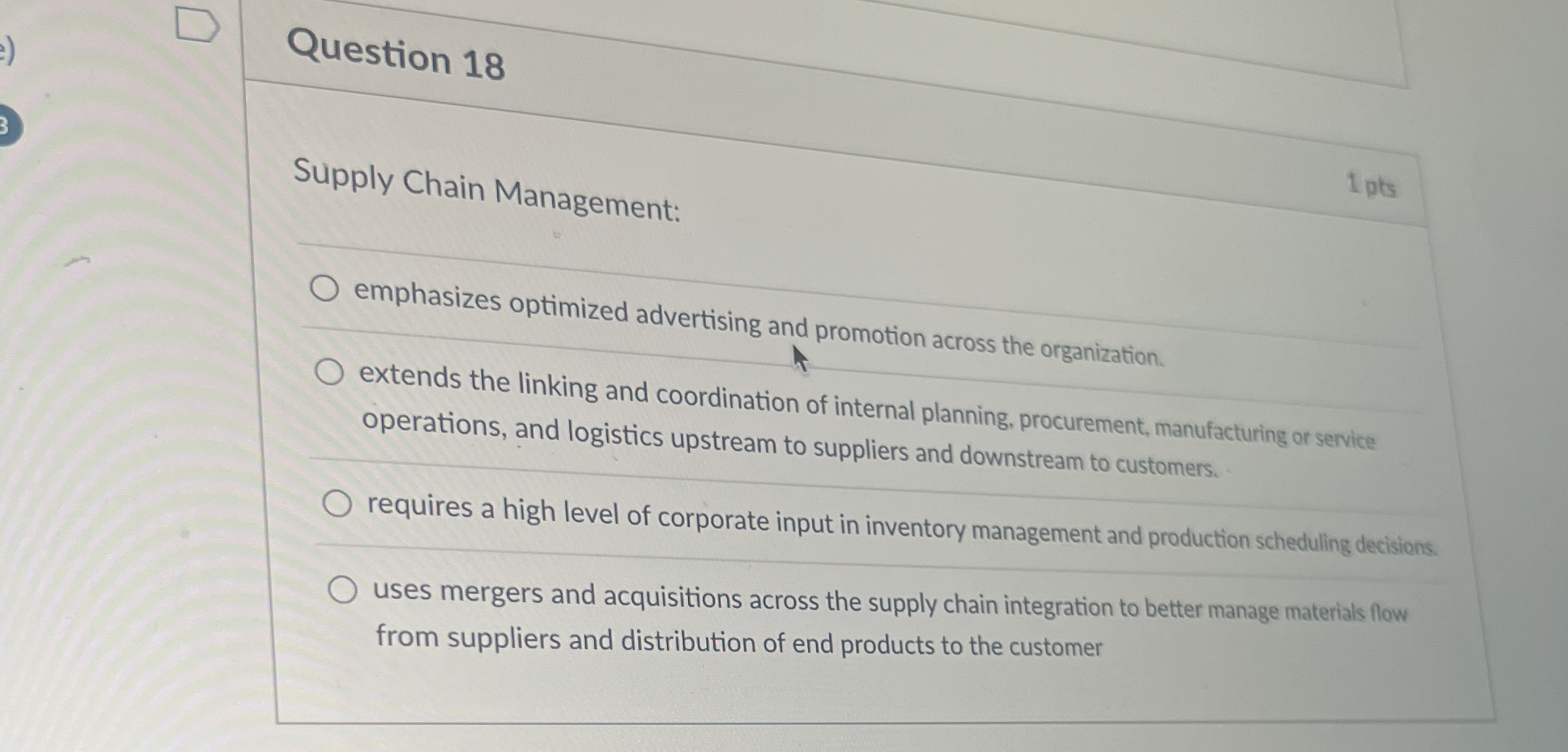  Question 18 Supply Chain Management: emphasizes optimized advertising and promotion across