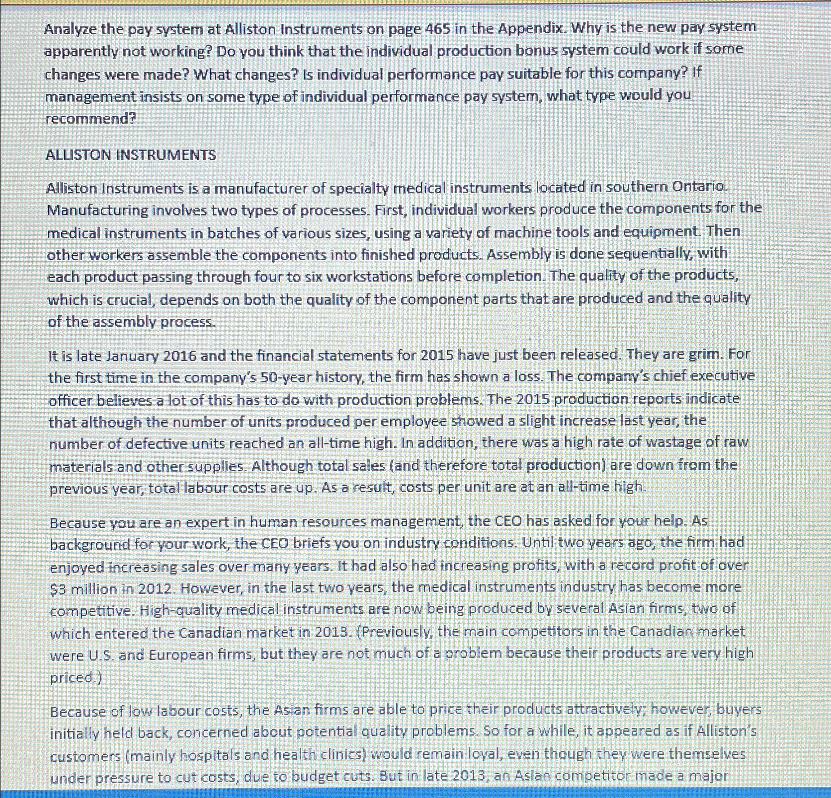  Analyze the pay system at Alliston Instruments on page 465 in