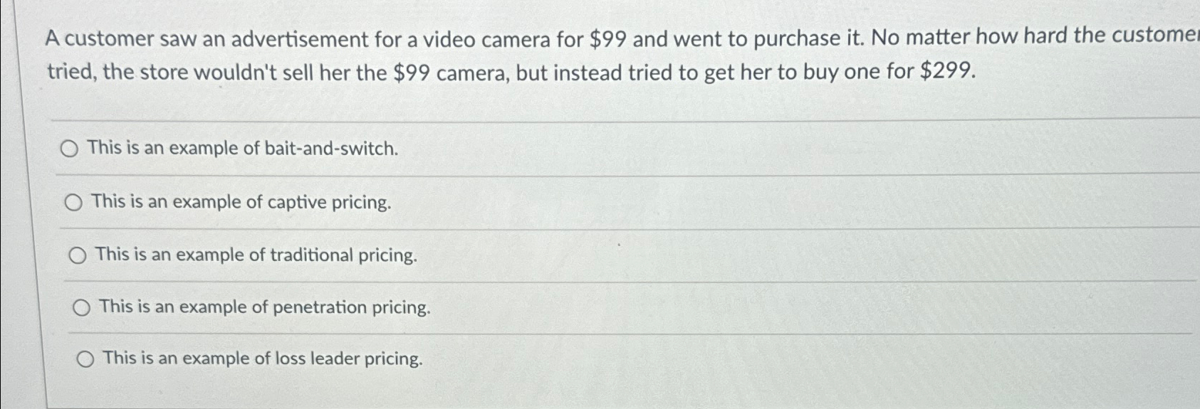  A customer saw an advertisement for a video camera for $99