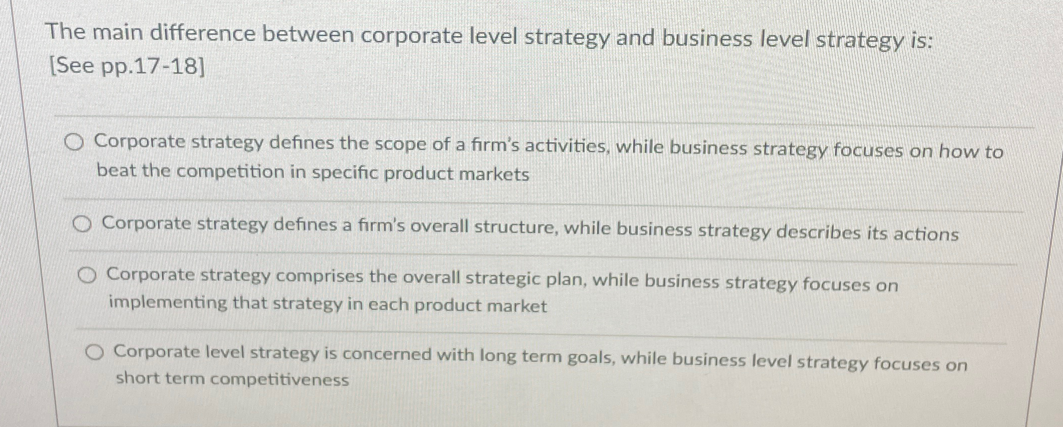  The main difference between corporate level strategy and business level strategy