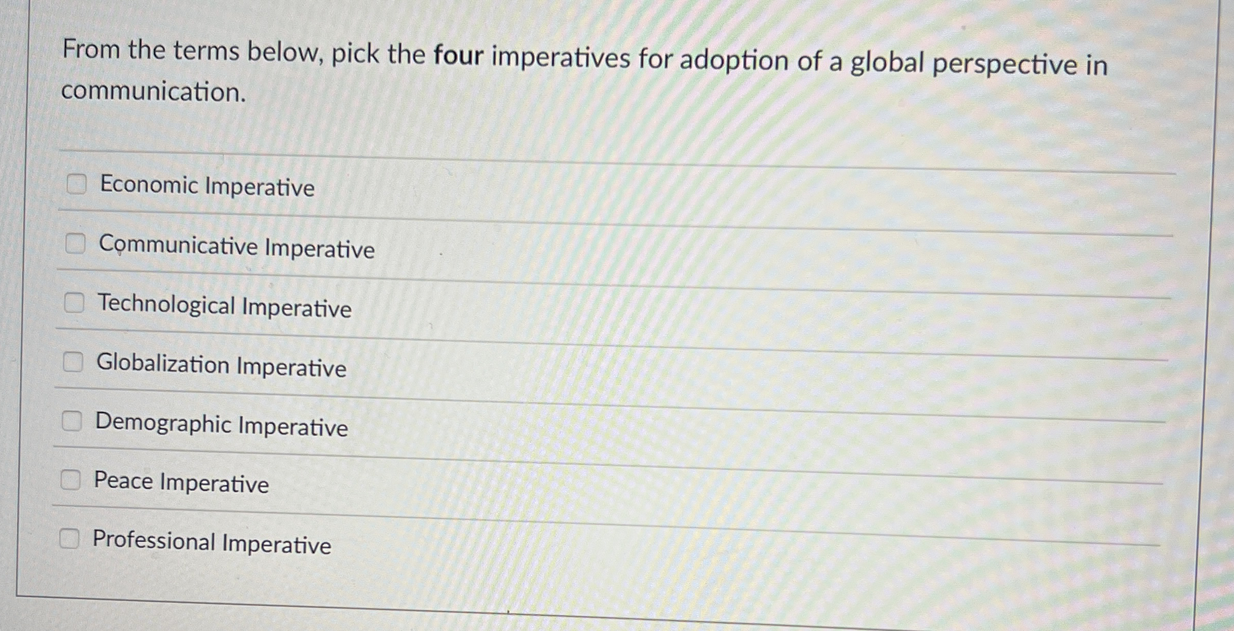  From the terms below, pick the four imperatives for adoption of