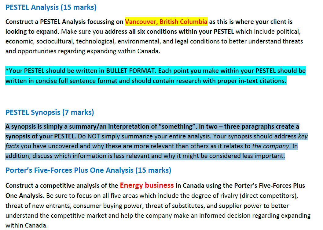 PESTEL Analysis (15 marks) Construct a PESTEL Analysis focussing on Vancouver,
