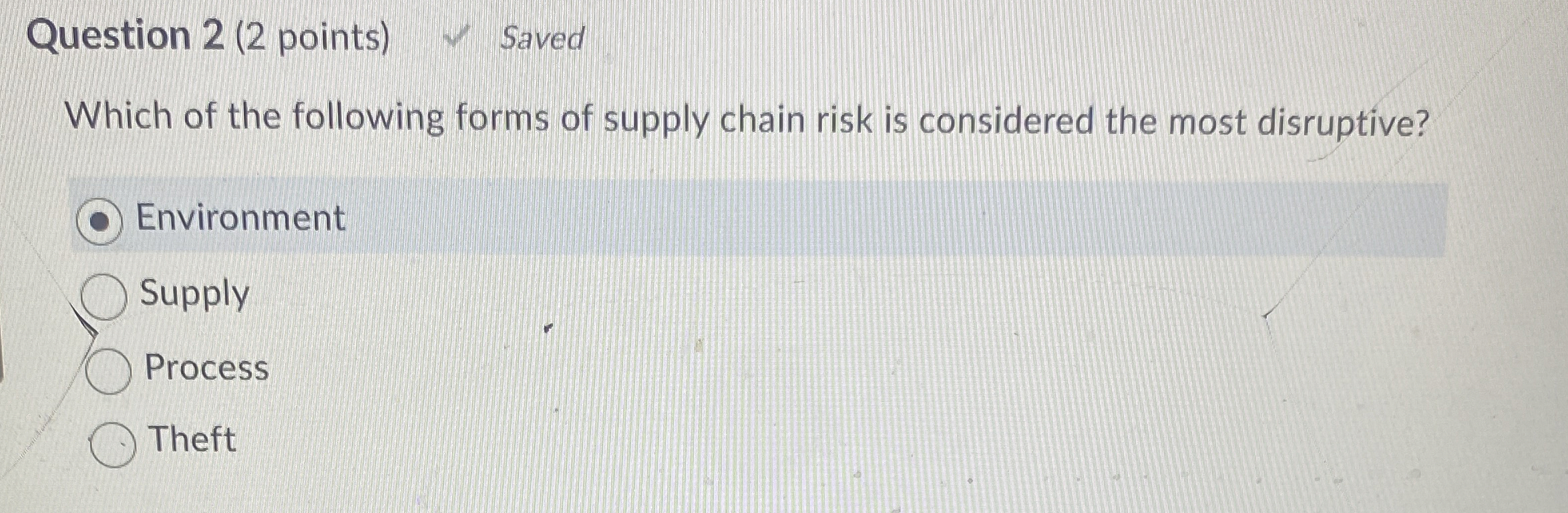  Question 2(2 points) Saved Which of the following forms of supply