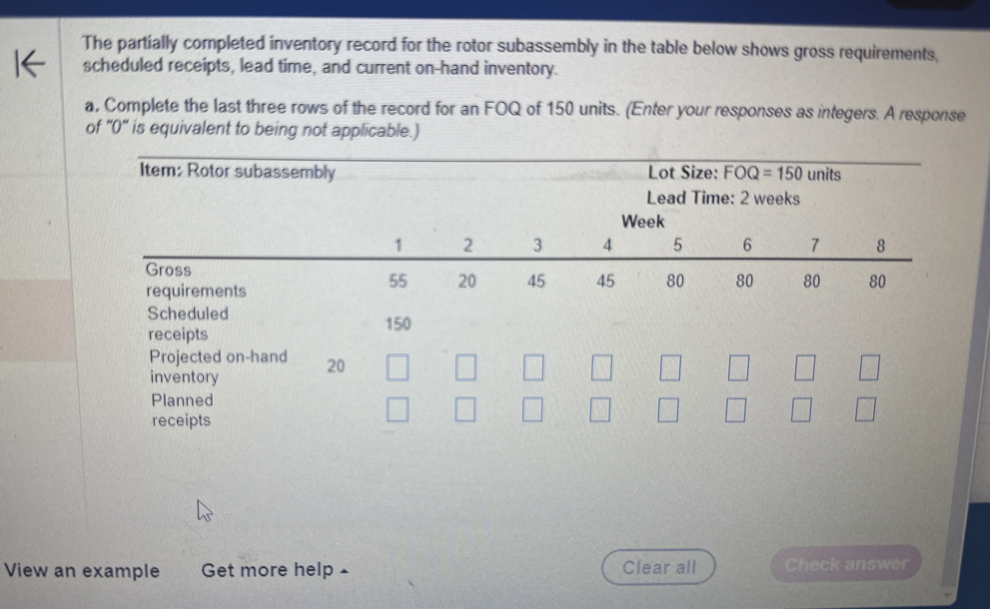  The partially completed inventory record for the rotor subassembly in the