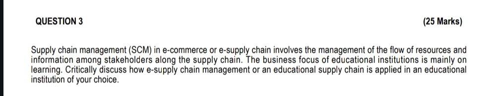  QUESTION 3 Supply chain management (SCM) in e-commerce or e-supply chain