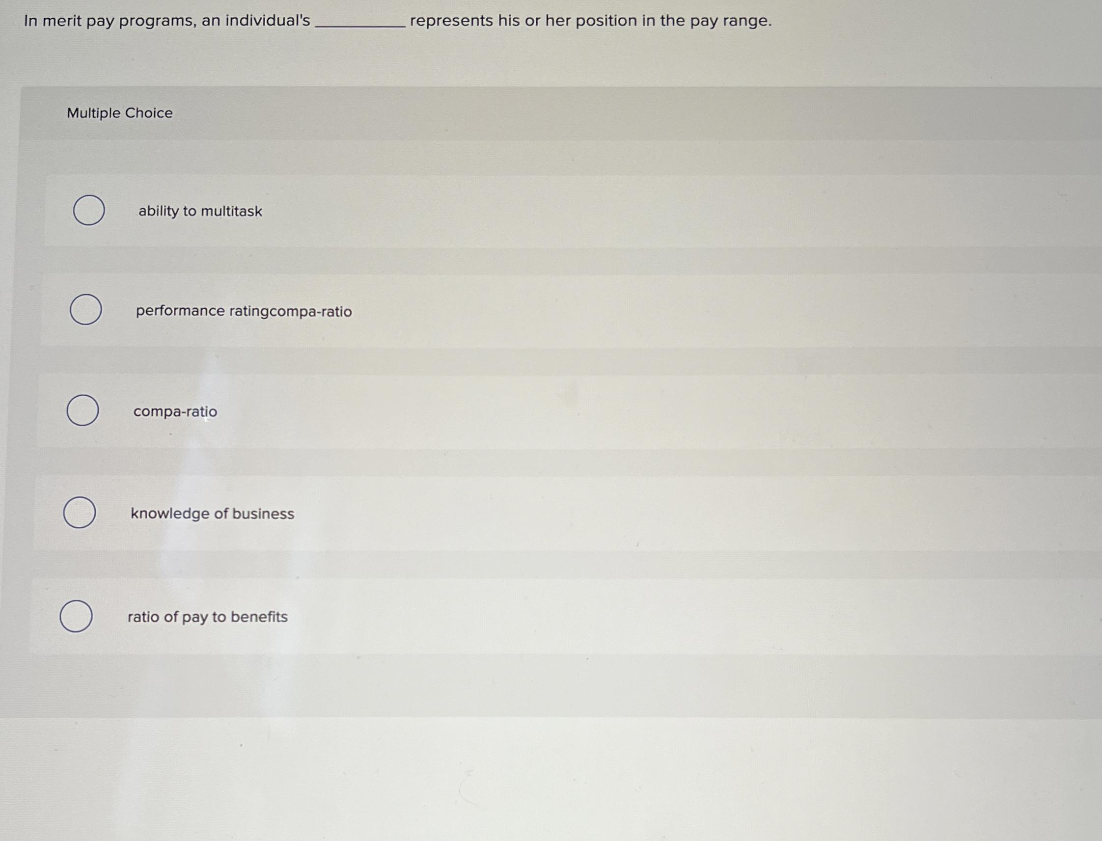  In merit pay programs, an individual's represents his or her position