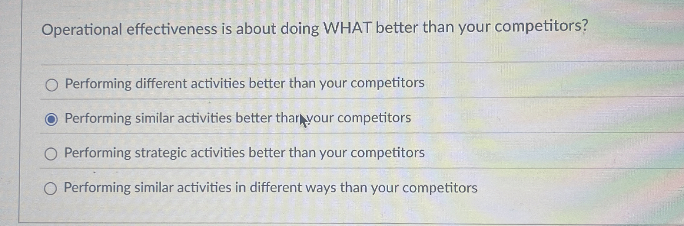  Operational effectiveness is about doing WHAT better than your competitors? Performing