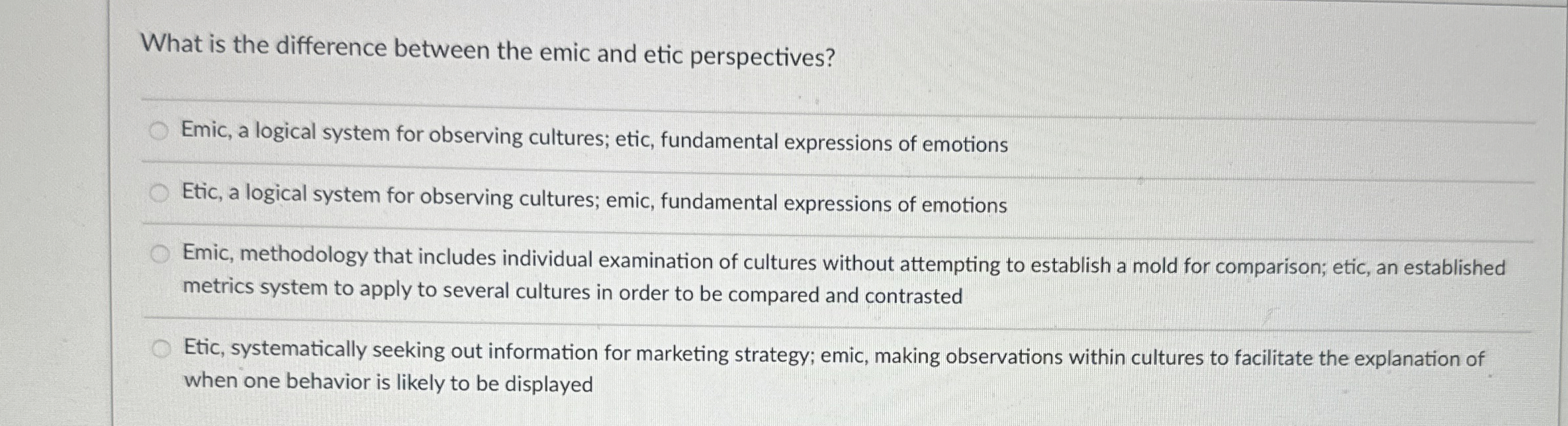  What is the difference between the emic and etic perspectives? Emic,