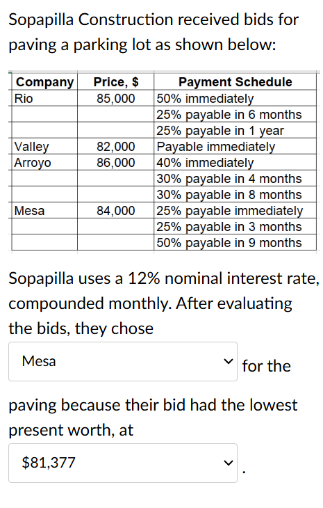  Sopapilla uses a 12\% nominal interest rate, compounded monthly. After evaluating