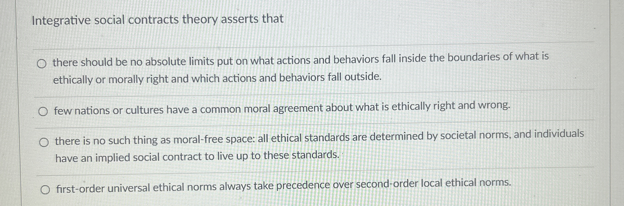  Integrative social contracts theory asserts that there should be no absolute
