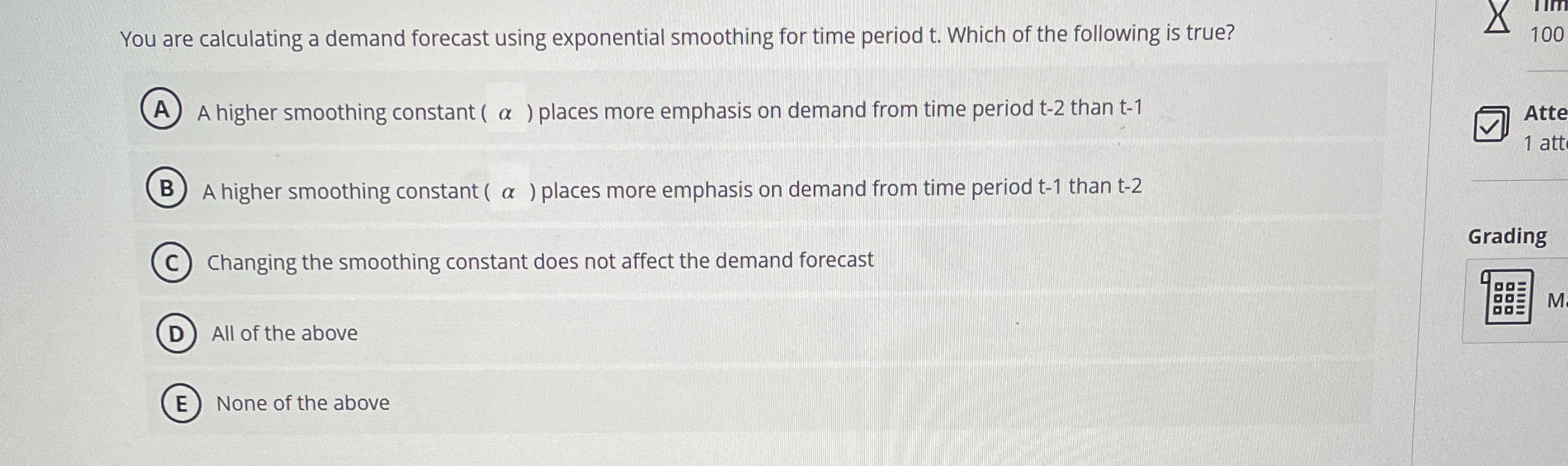  You are calculating a demand forecast using exponential smoothing for time