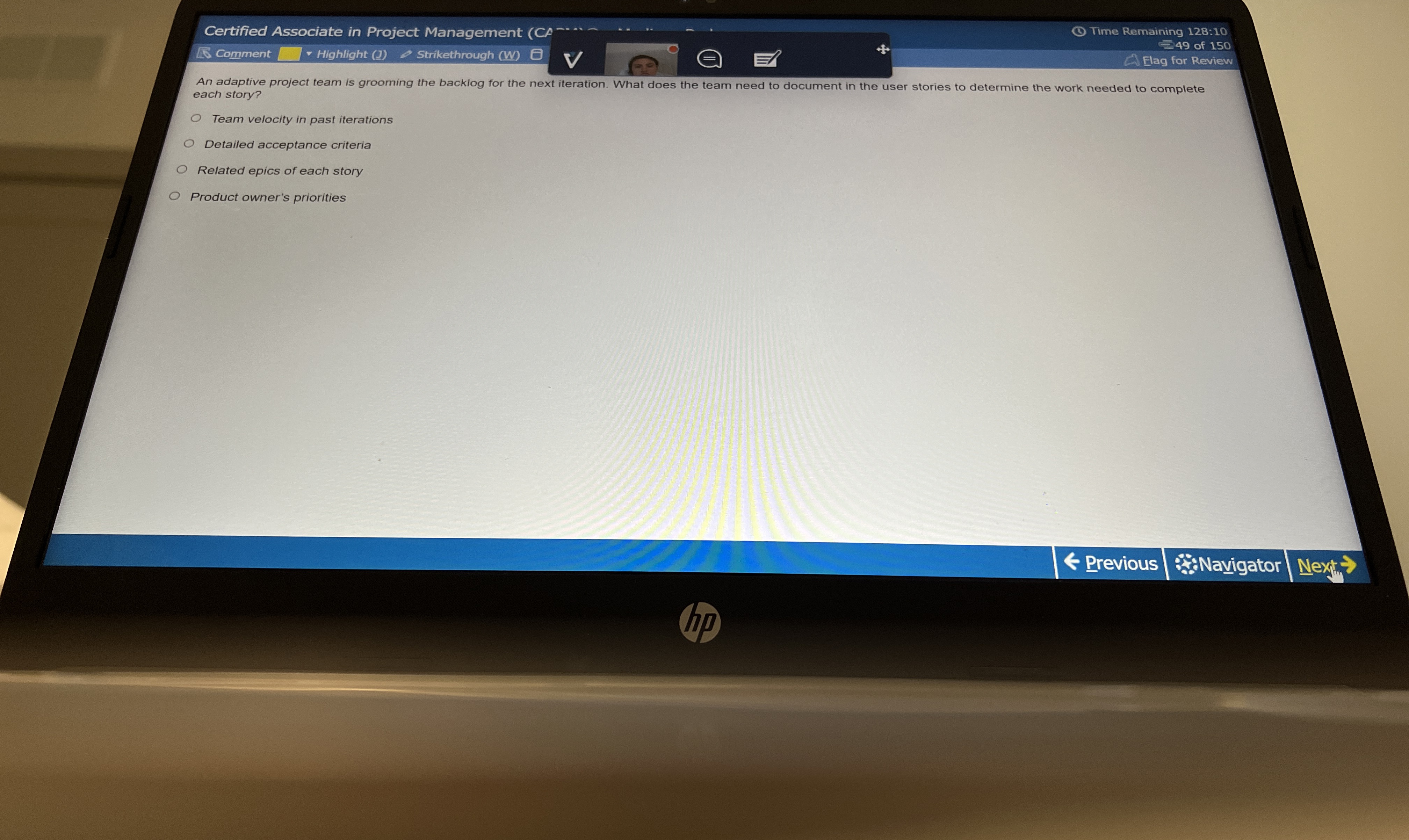 Certified Associate in Project Management ( Time Remaining 128:10 Comment Highlight