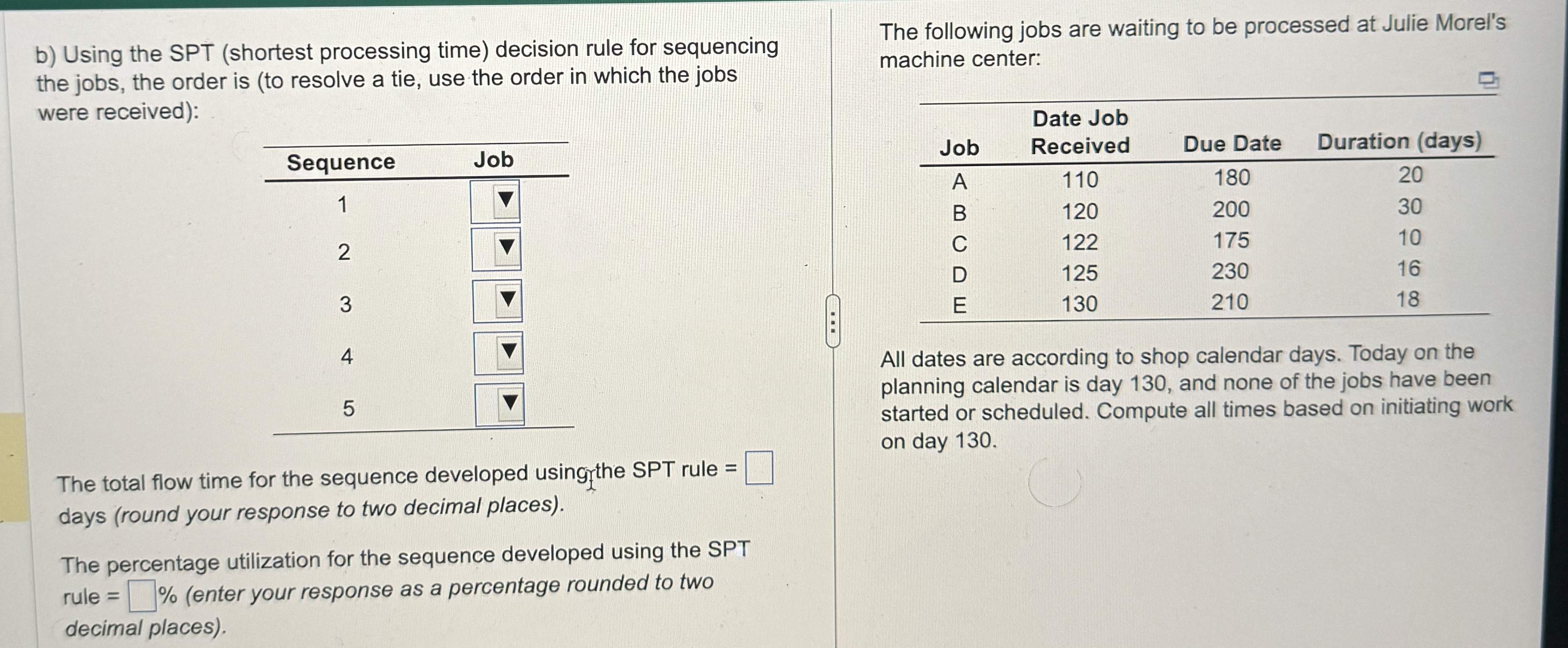 b) Using the SPT (shortest processing time) decision rule for sequencing