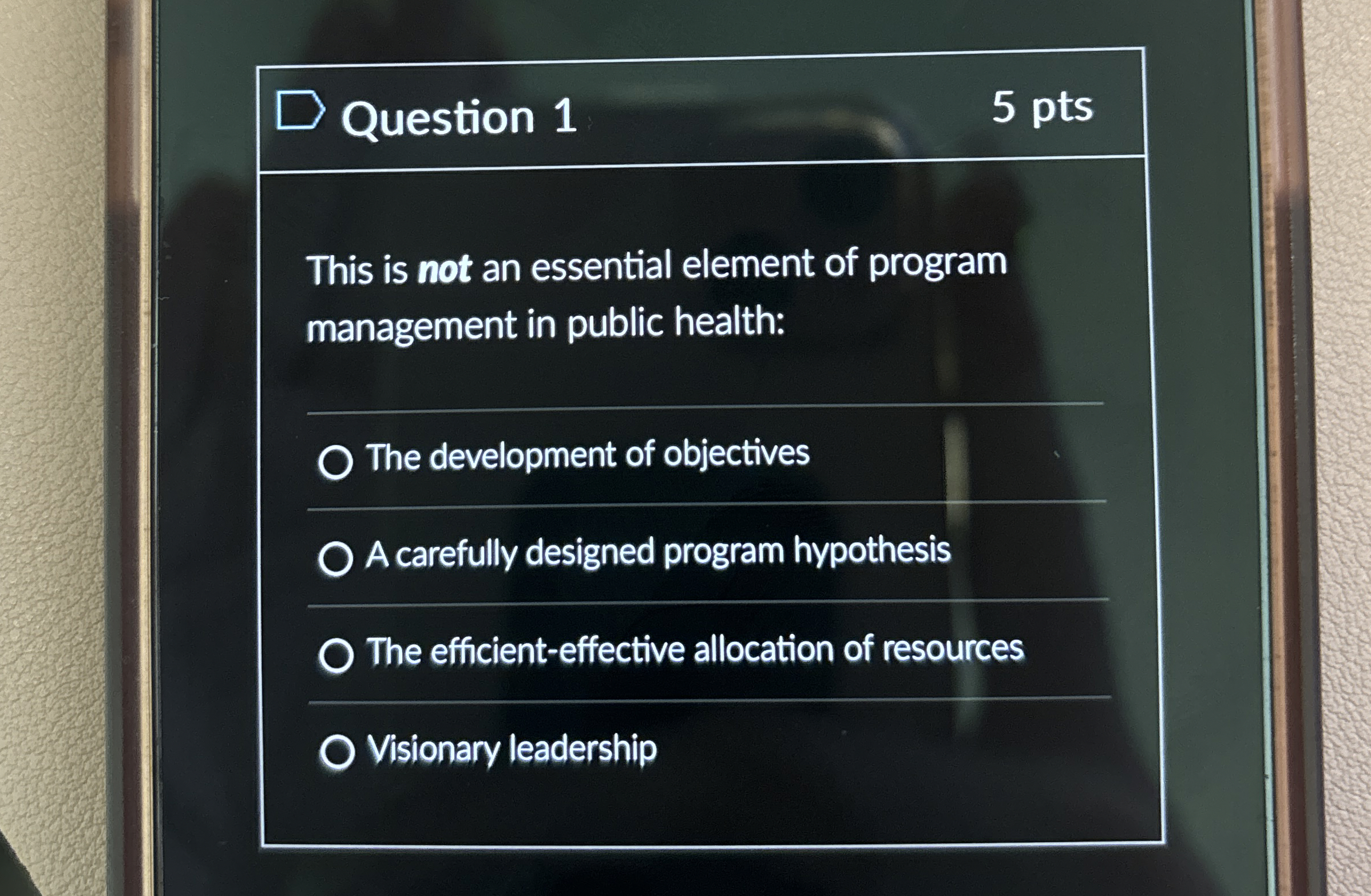  Question 1 5 pts This is not an essential element of