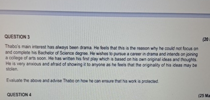  QUESTION 3 (20) Thabo's main interest has always been drama. He