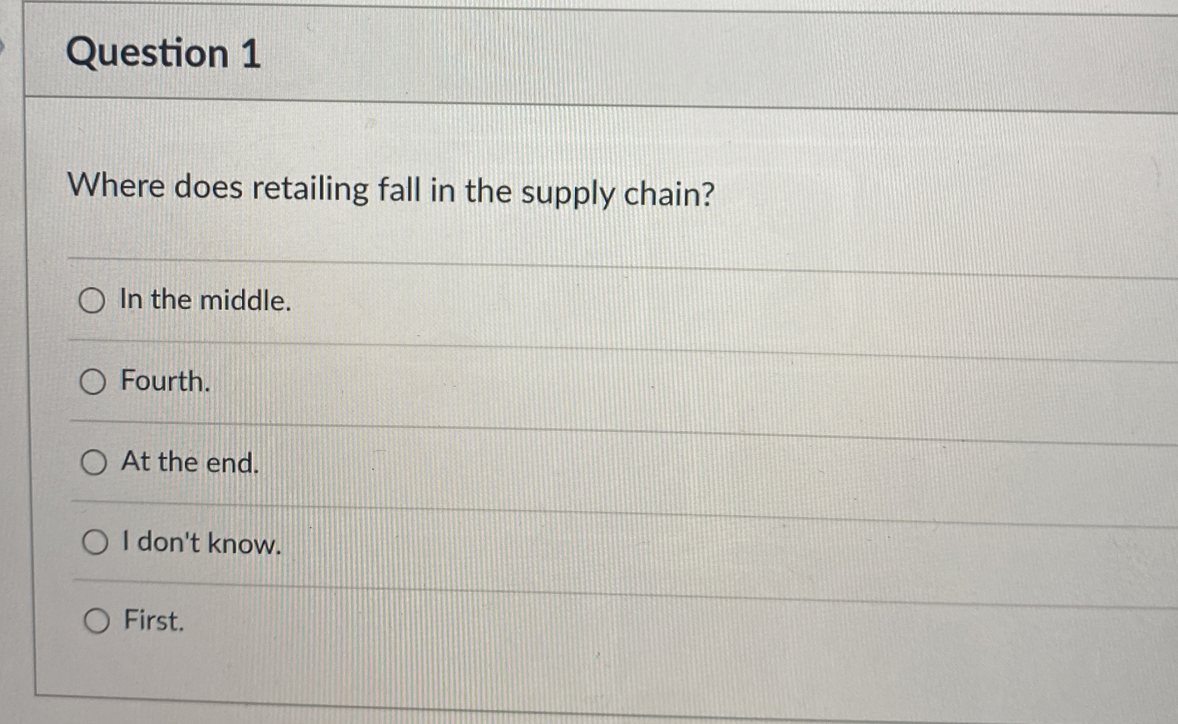  Question 1 Where does retailing fall in the supply chain? In