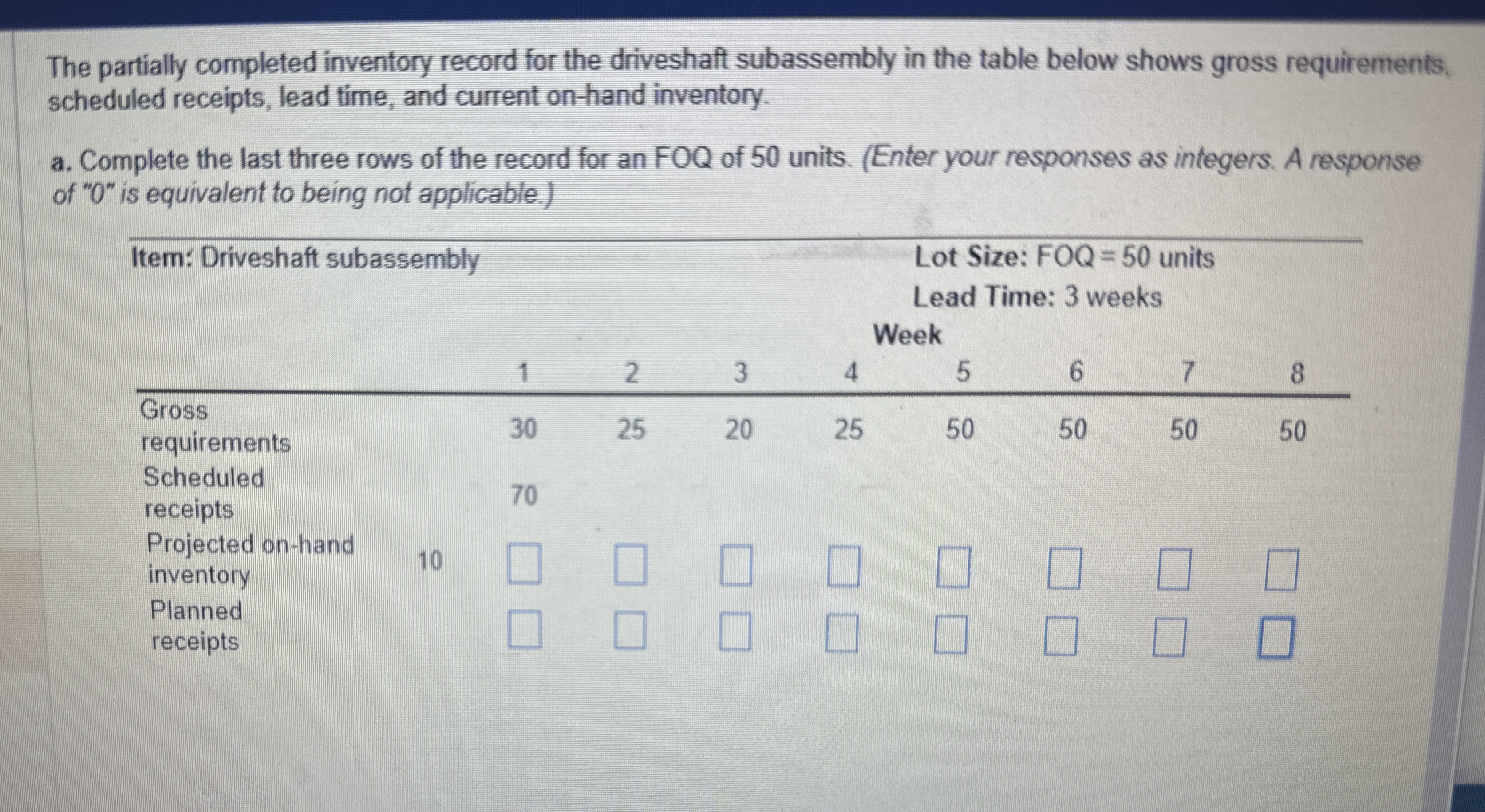  The partially completed inventory record for the driveshaft subassembly in the