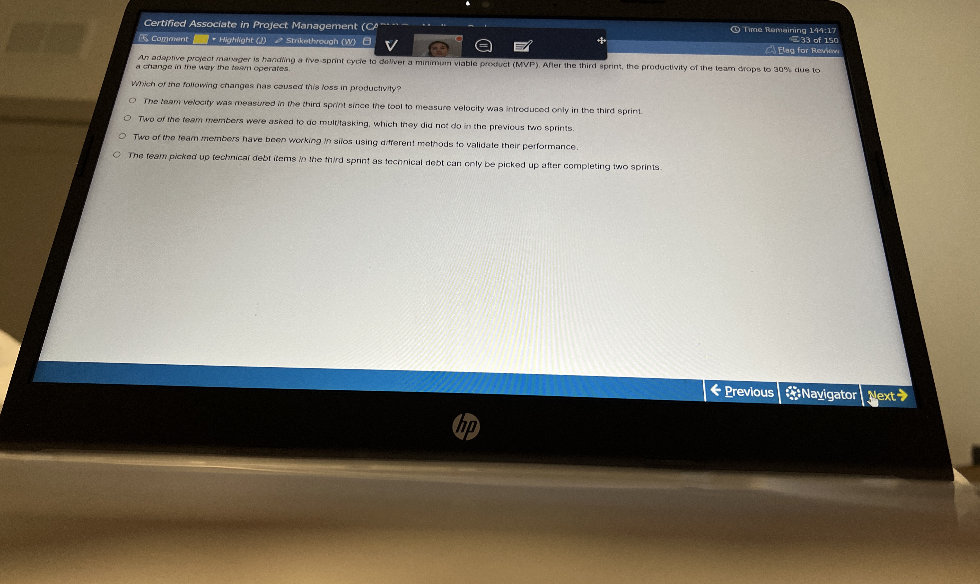  Certified Associate in Project Management Time Remaining 144:17 E Comment Highlight