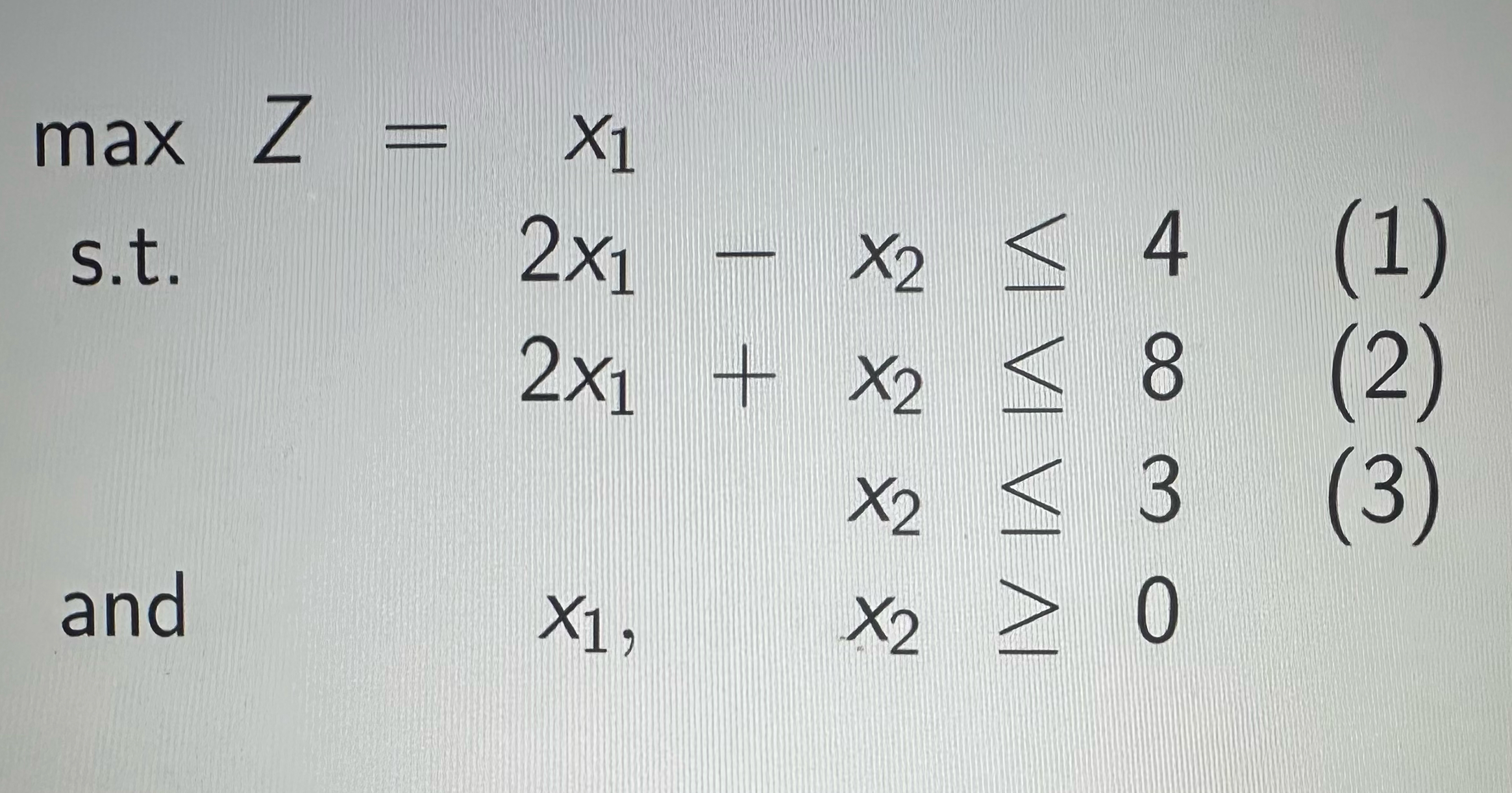  maxZ=,x1 s.t.2x1-x24 ,2x1+x28 ,x23 and x1,x20 