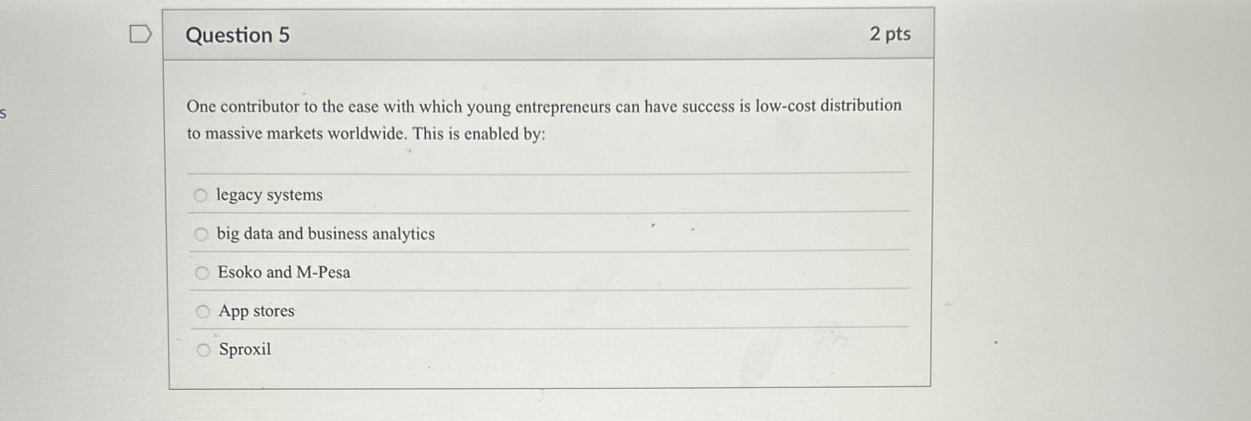 Question 5 One contributor to the ease with which young entrepreneurs