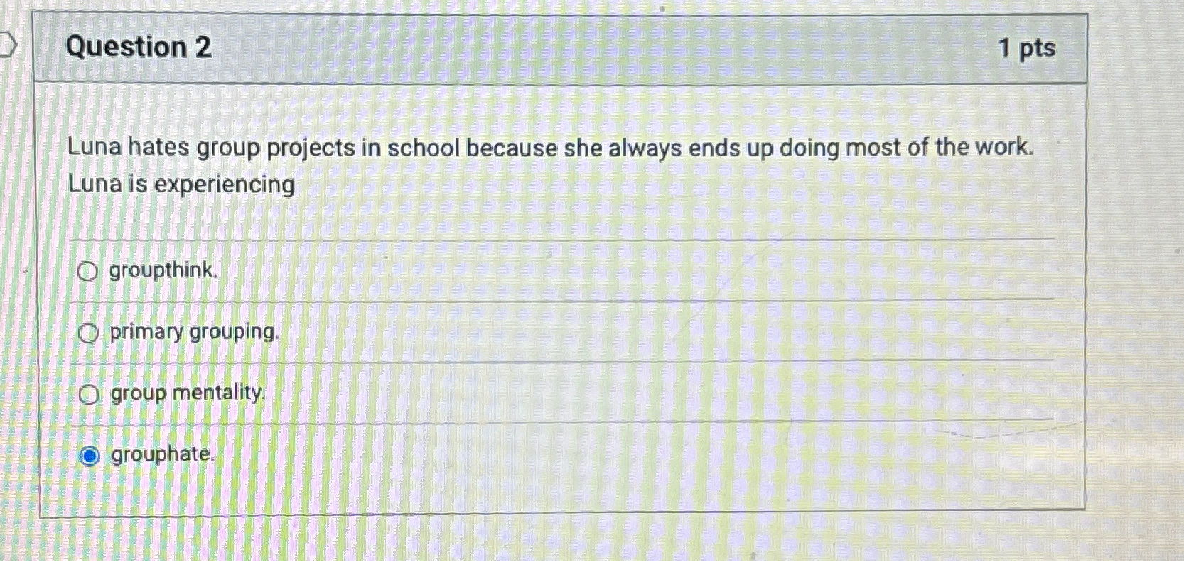  Question 2 1pts Luna hates group projects in school because she