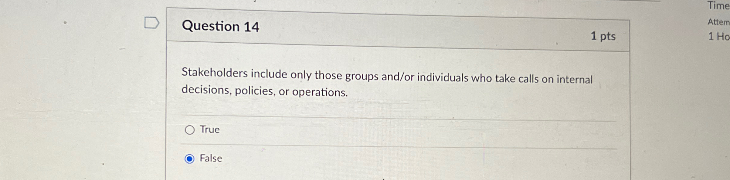  Question 14 1 pts Stakeholders include only those groups and/or individuals