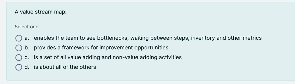  A value stream map: Select one: a. enables the team to