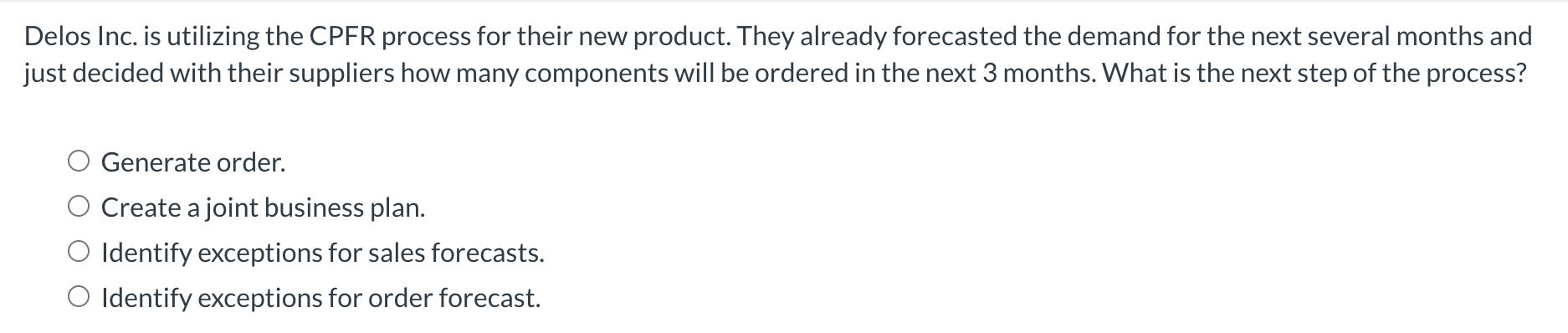  Delos Inc. is utilizing the CPFR process for their new product.