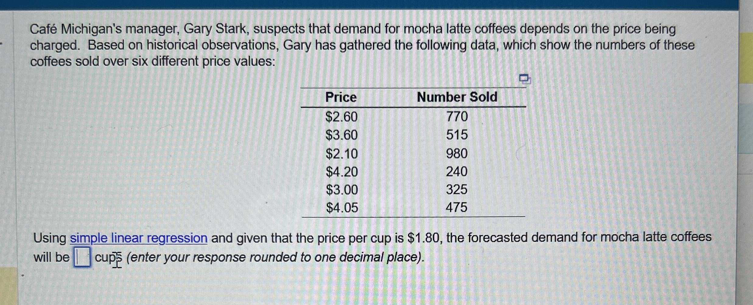  Caf Michigan's manager, Gary Stark, suspects that demand for mocha latte