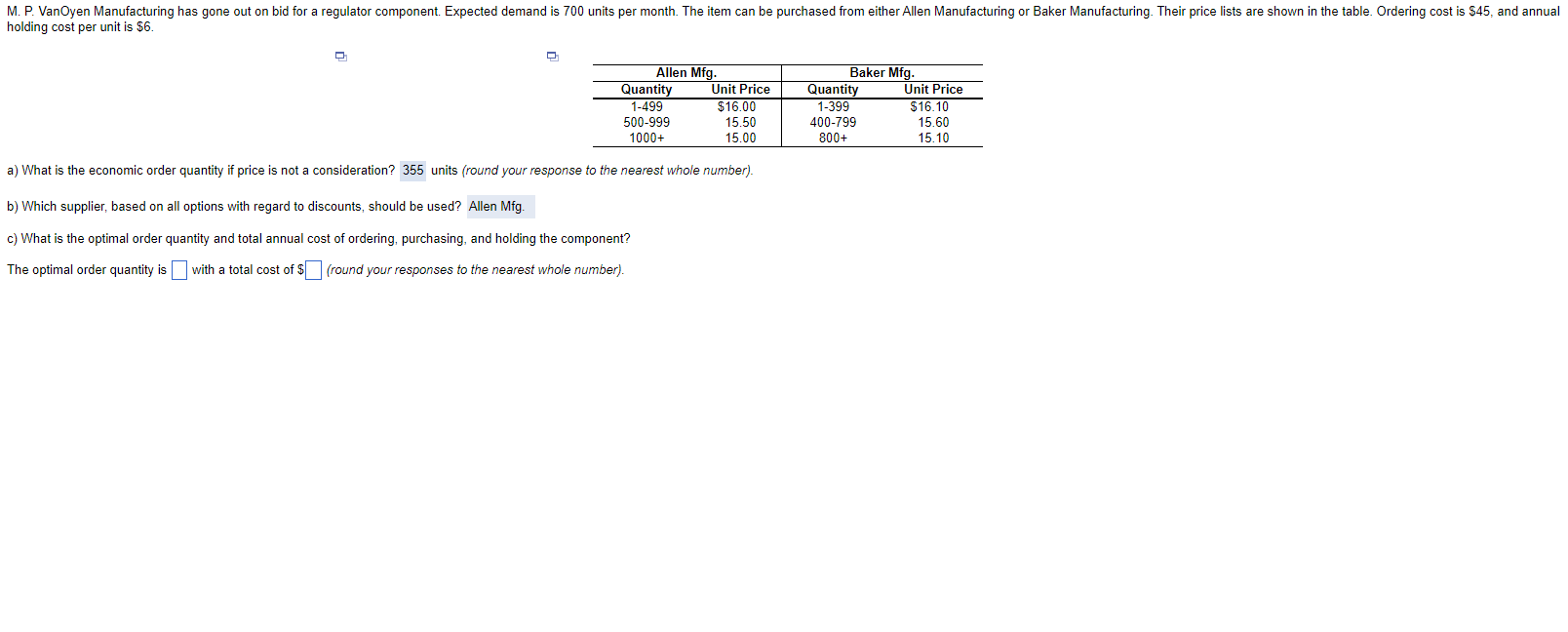  the optimal order quantity is ? with a total cost of