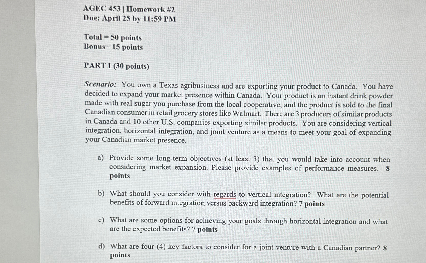  AGEC 453| Homework #2 Due: April 25 by 11:59 PM Total