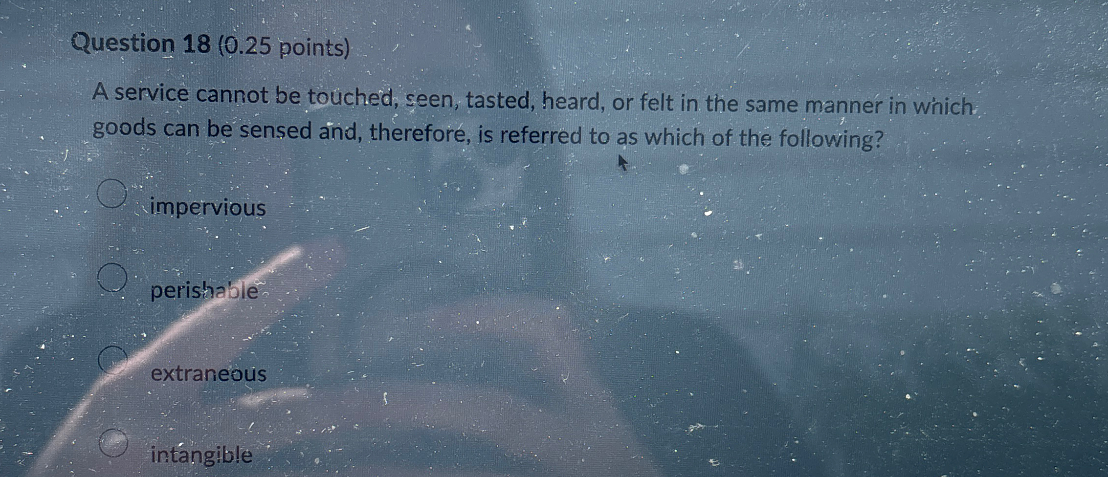  Question 18(0.25 points) A service cannot be touched, seen, tasted, heard,