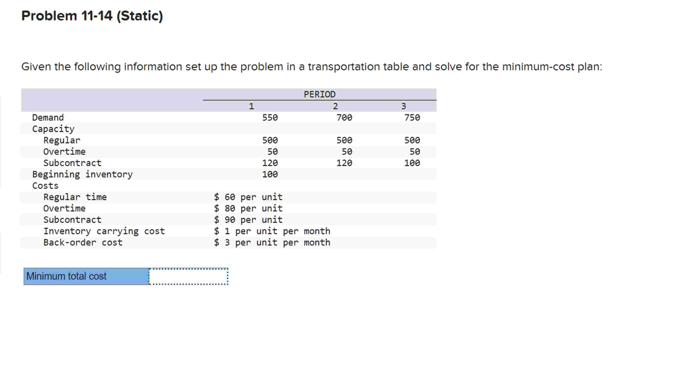  Problem 11-14(Static) Given the following information set up the problem in