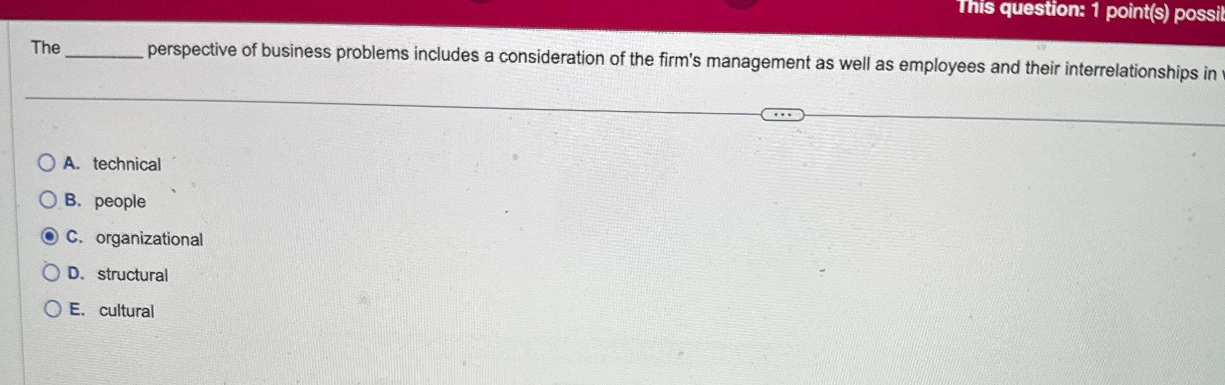  This question: 1 point(s) possit The perspective of business problems includes