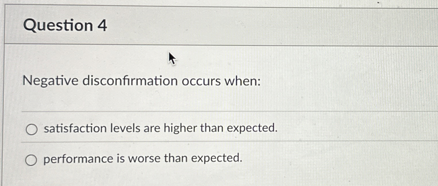  Question 4 Negative disconfirmation occurs when: satisfaction levels are higher than