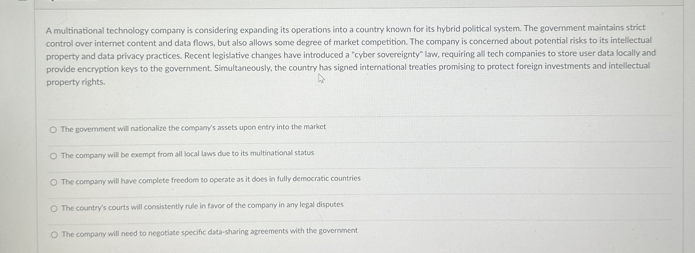  A multinational technology company is considering expanding its operations into a